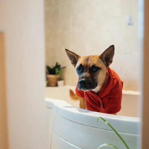 A small dog in a bathtub, wrapped up after its bath